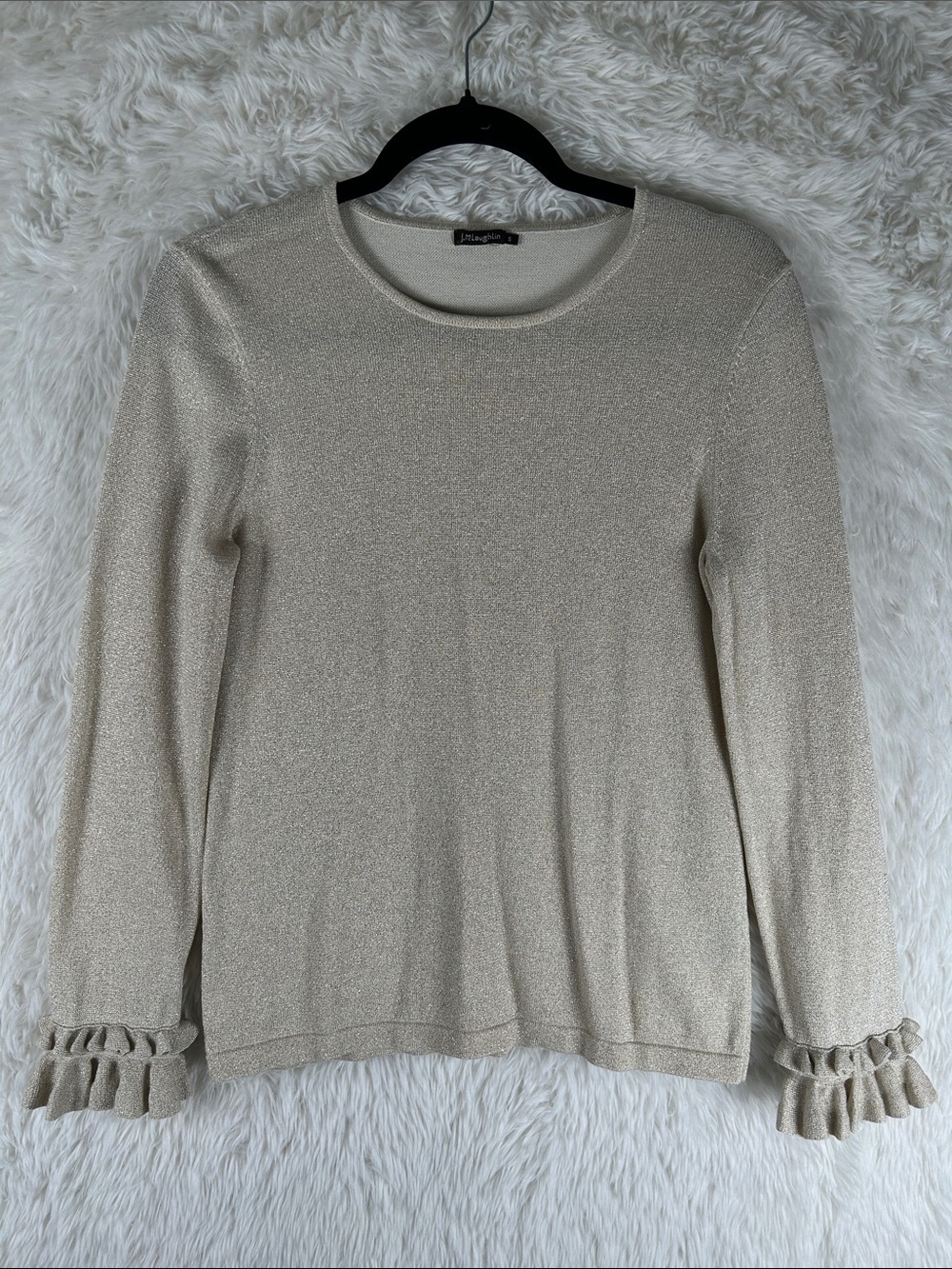 J. McLaughlin Champagne Sparkle Ruffle Cuff Long Sleeve Top
